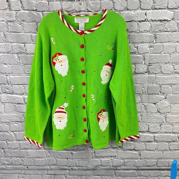 Vintage Tiara International Christmas Santa Cardigan Sweater With Red & White Tr - Picture 1 of 11